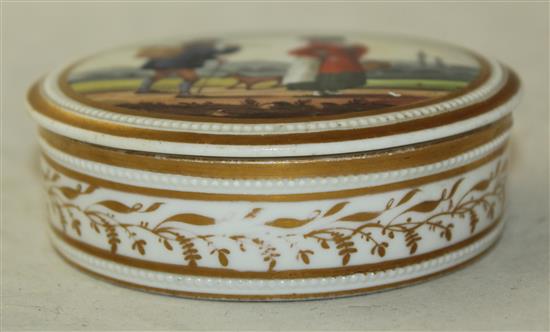 An English porcelain circular box and cover, possibly Chamberlains, c.1815-20, diameter 9cm, tiny splinter chips